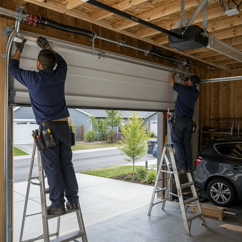 Two technicians installing a new garage door in a residential home