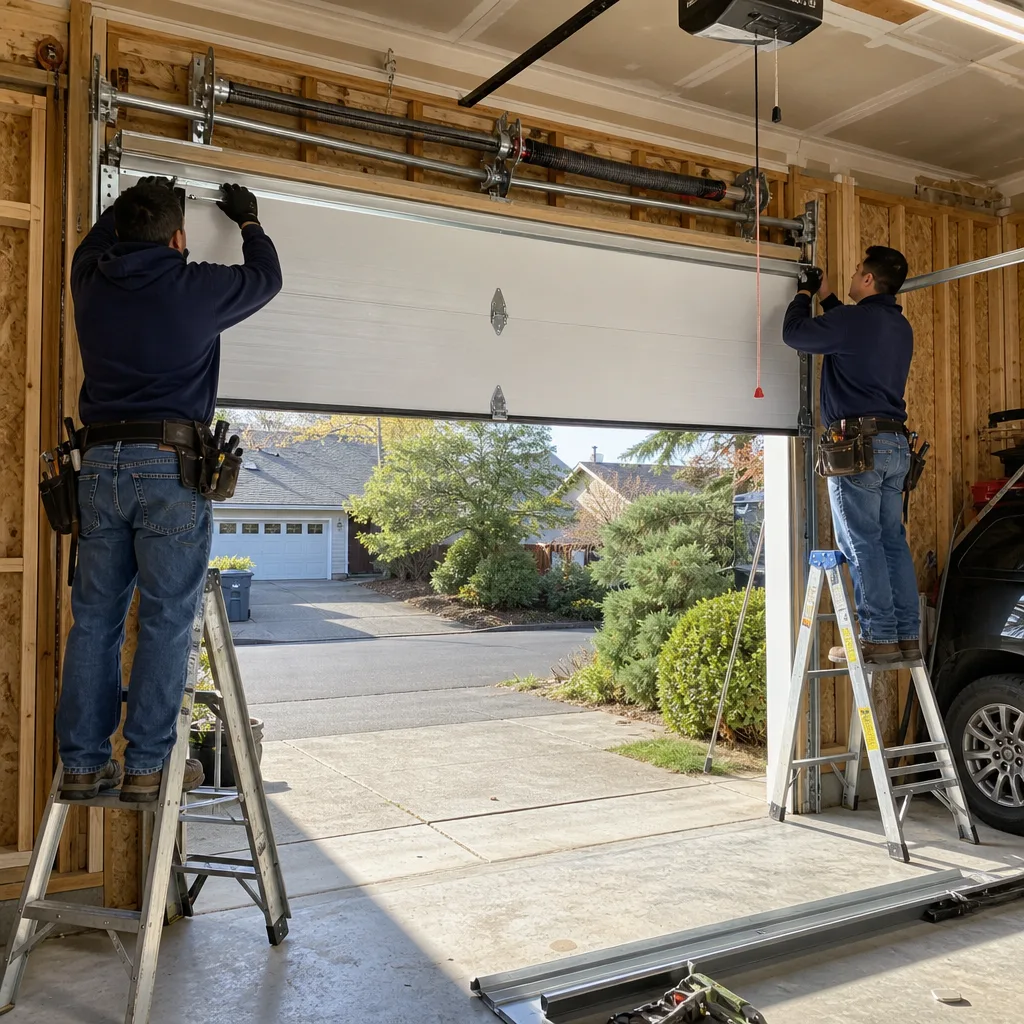Two professional technicians performing a residential garage door installation.