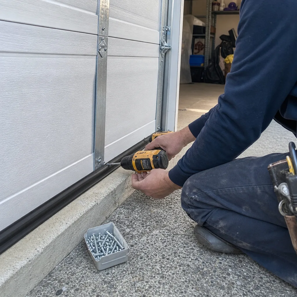Technician using a power drill to install a garage door seal