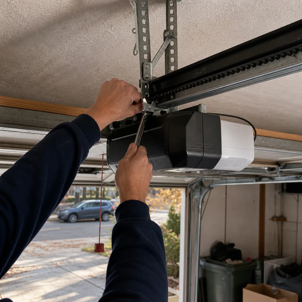 Technician performing garage door opener repair and installation services.