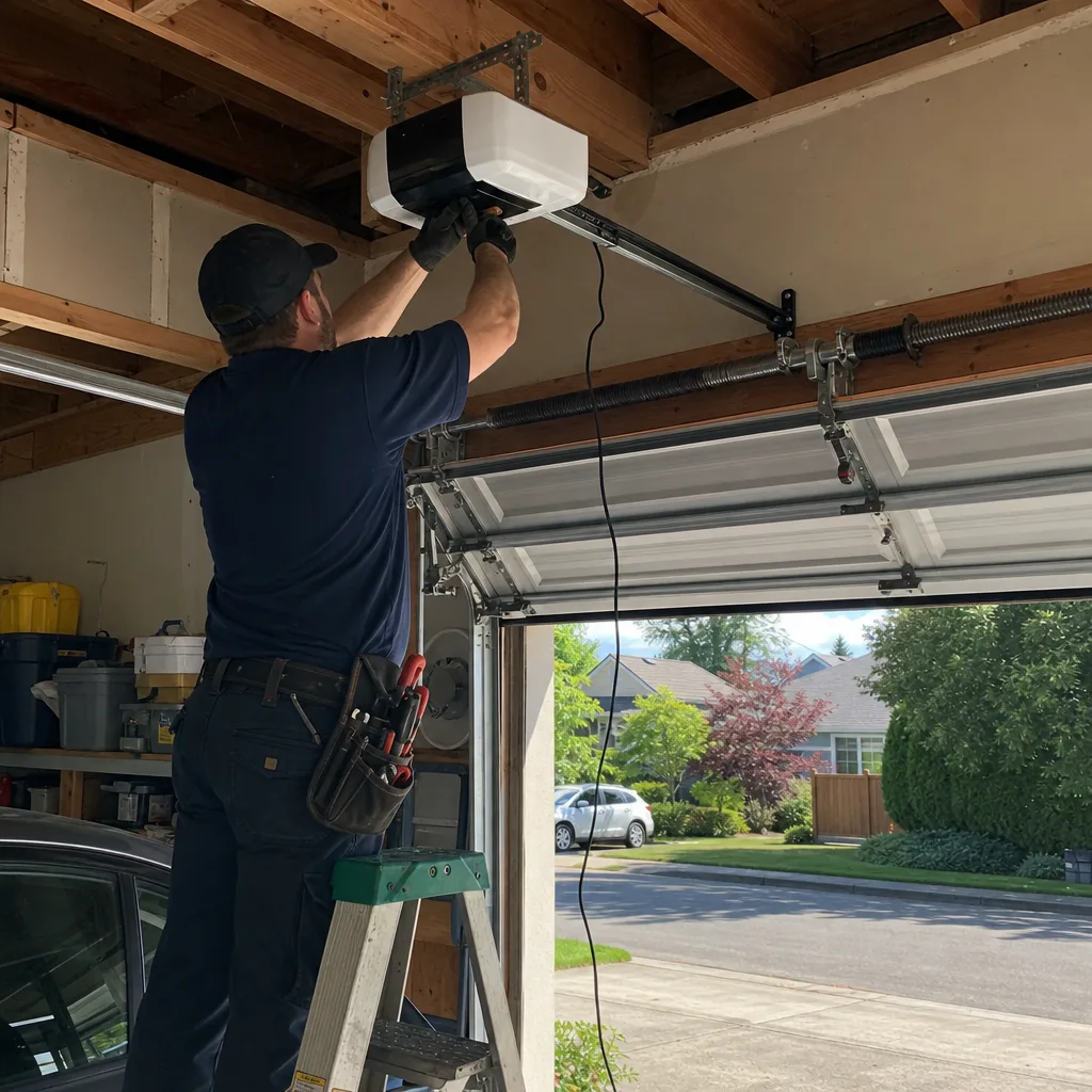 Professional technician performing garage door opener repair and installation