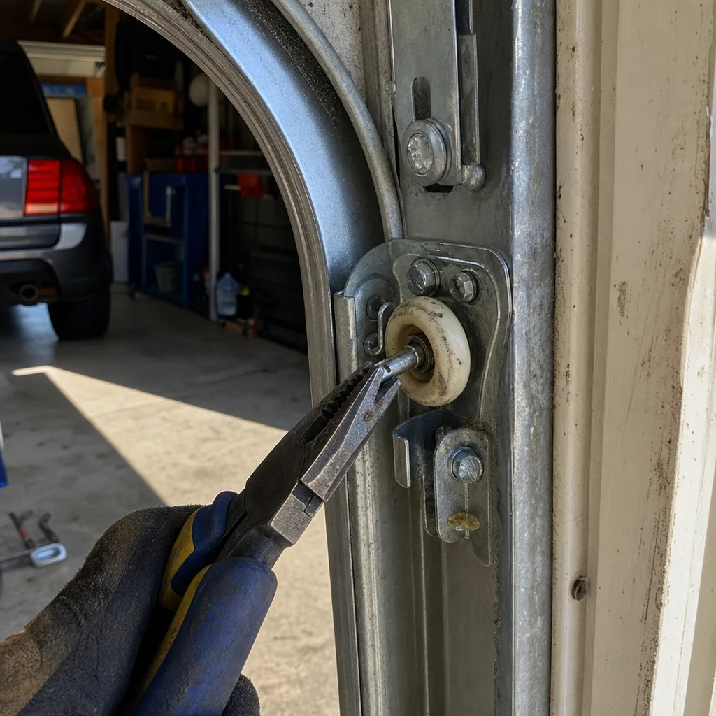 Technician performing professional garage door roller repair and maintenance