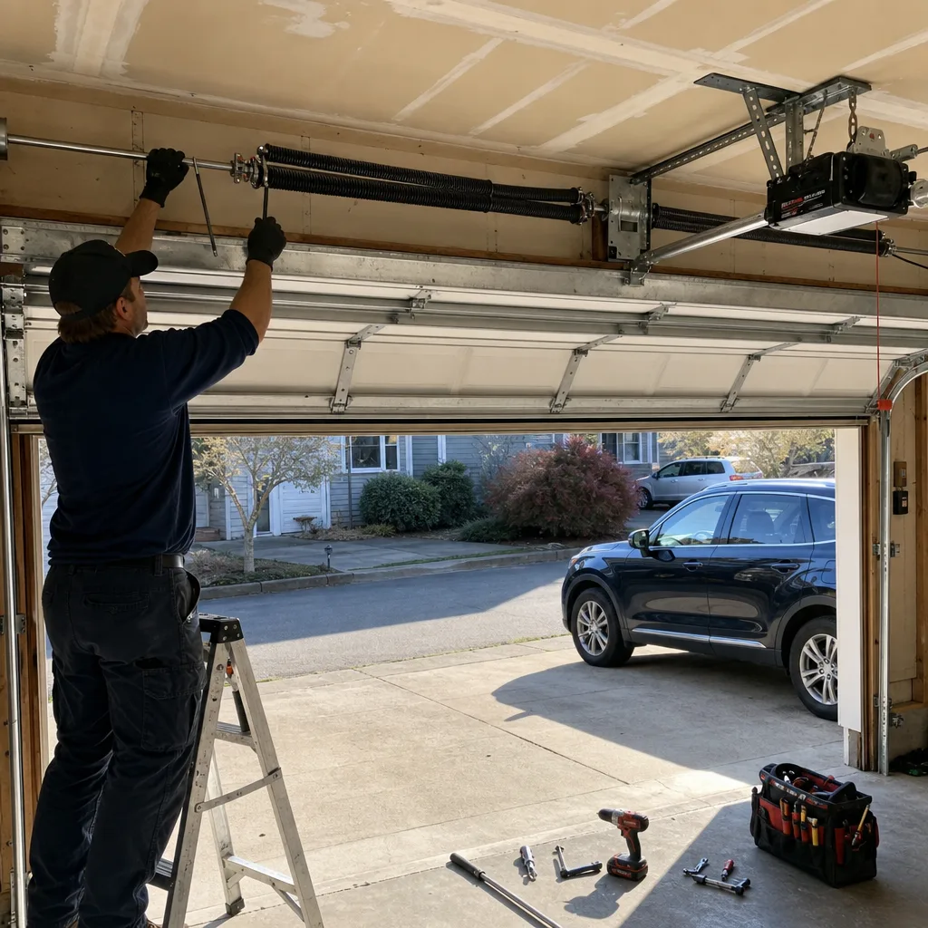 Technician performing professional garage door spring repair and maintenance