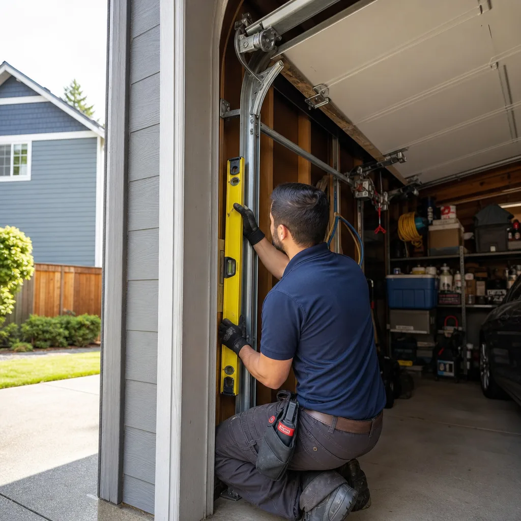 Technician using a level to install or repair garage door tracks.